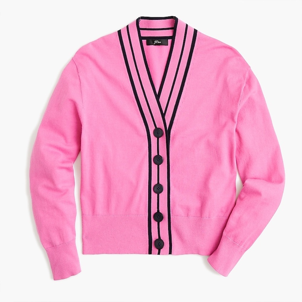 J Crew Pink and Navy Tipped V Neck Cardigan NWOT